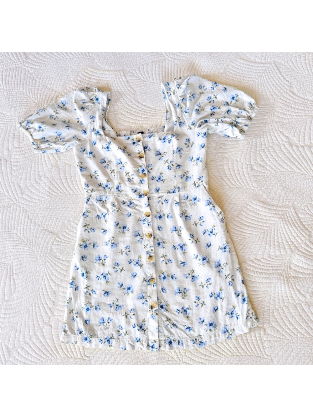 Linen Coquette Cottage Blue Floral Puff-Sleeve Mini Summer Dress Old Navy Sz M - Picture 11 of 17